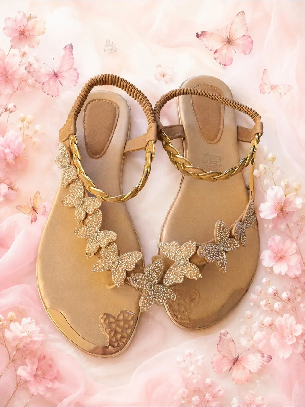 Gold Butterfly Embellished Women's Sandals 10M